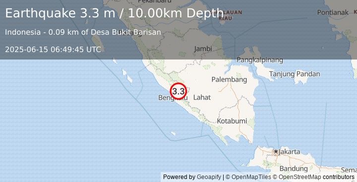 Earthquake SOUTHERN SUMATRA, INDONESIA (3.3 m) (2025-06-15 06:49:45 UTC)