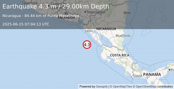 Earthquake NEAR COAST OF NICARAGUA (4.3 m) (2025-06-15 07:04:13 UTC)