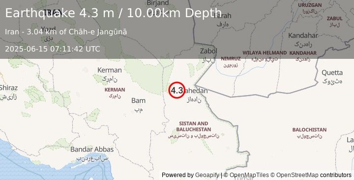 Earthquake SOUTHEASTERN IRAN (4.3 m) (2025-06-15 07:11:42 UTC)