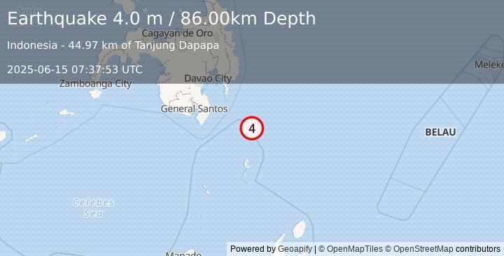 Earthquake MINDANAO, PHILIPPINES (4.0 m) (2025-06-15 07:37:53 UTC)
