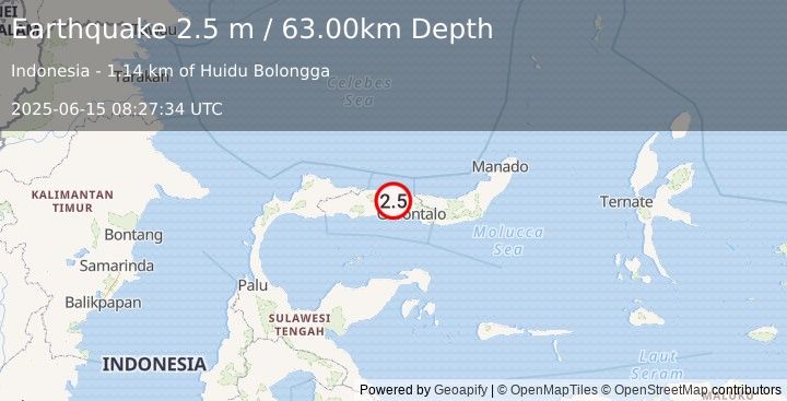 Earthquake MINAHASA, SULAWESI, INDONESIA (2.5 m) (2025-06-15 08:27:34 UTC)