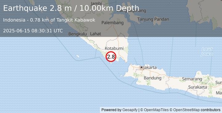 Earthquake SOUTHERN SUMATRA, INDONESIA (2.8 m) (2025-06-15 08:30:31 UTC)