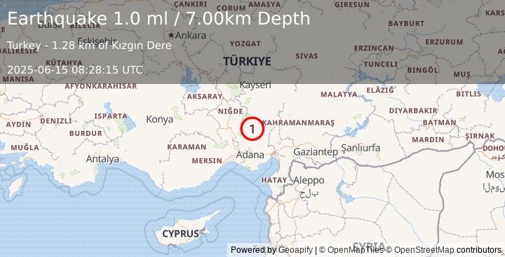 Earthquake CENTRAL TURKEY (1.0 ml) (2025-06-15 08:28:15 UTC)