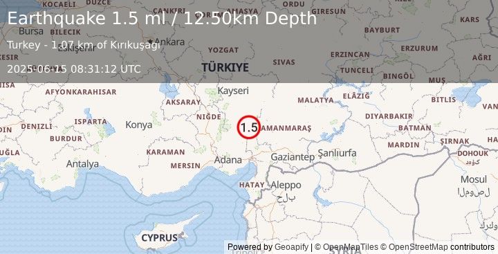 Earthquake CENTRAL TURKEY (1.5 ml) (2025-06-15 08:31:12 UTC)