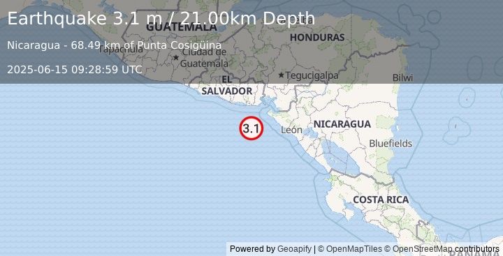 Earthquake NEAR COAST OF NICARAGUA (3.1 m) (2025-06-15 09:28:59 UTC)