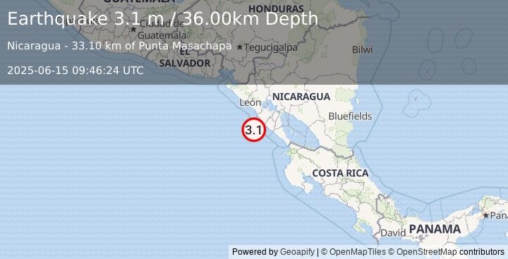 Earthquake NEAR COAST OF NICARAGUA (3.1 m) (2025-06-15 09:46:24 UTC)
