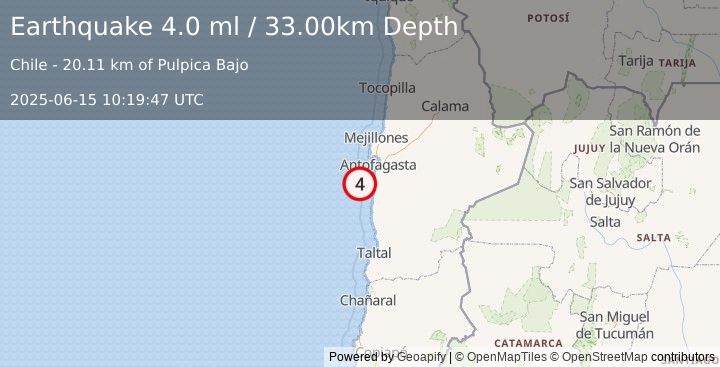 Earthquake OFFSHORE ANTOFAGASTA, CHILE (3.9 ml) (2025-06-15 10:19:48 UTC)