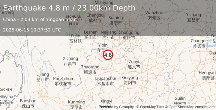 Earthquake SICHUAN-GUIZHOU BORDER RG, CHINA (5.2 mb) (2025-06-15 10:37:49 UTC)