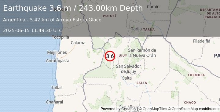 Earthquake JUJUY, ARGENTINA (3.6 m) (2025-06-15 11:49:30 UTC)