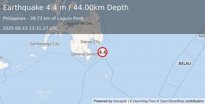 Earthquake MINDANAO, PHILIPPINES (4.4 m) (2025-06-15 12:31:27 UTC)