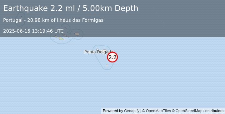 Earthquake AZORES ISLANDS REGION (2.2 ml) (2025-06-15 13:19:46 UTC)