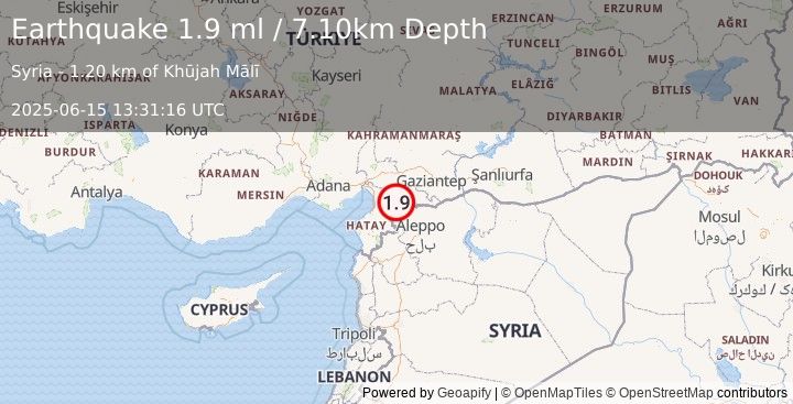 Earthquake TURKEY-SYRIA BORDER REGION (1.9 ml) (2025-06-15 13:31:16 UTC)