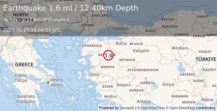 Earthquake WESTERN TURKEY (1.6 ml) (2025-06-15 15:04:57 UTC)