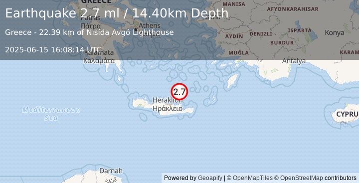 Earthquake CRETE, GREECE (2.7 ml) (2025-06-15 16:08:14 UTC)