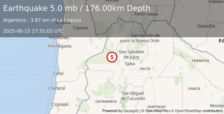 Earthquake SALTA, ARGENTINA (5.2 mw) (2025-06-15 17:31:03 UTC)