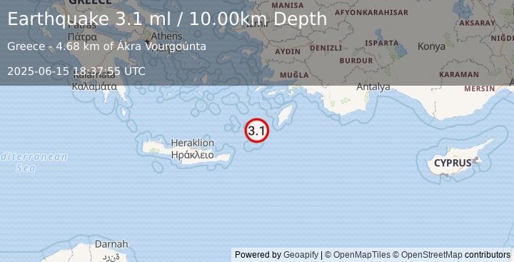 Earthquake DODECANESE ISLANDS, GREECE (3.4 ml) (2025-06-15 18:37:51 UTC)
