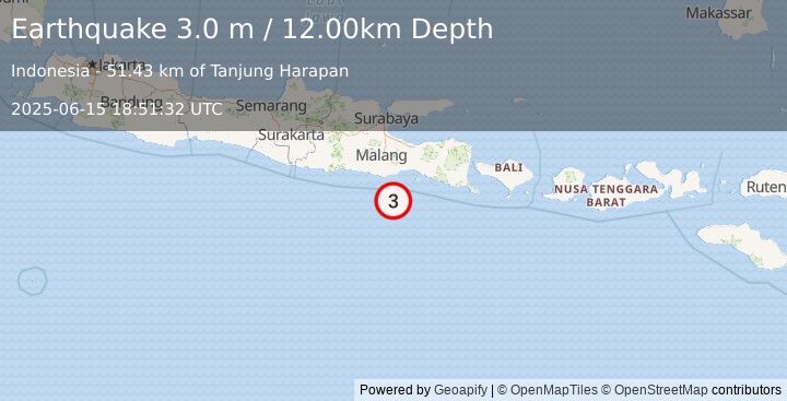 Earthquake JAVA, INDONESIA (3.0 m) (2025-06-15 18:51:32 UTC)