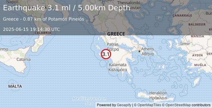 Earthquake SOUTHERN GREECE (3.1 ml) (2025-06-15 19:14:30 UTC)