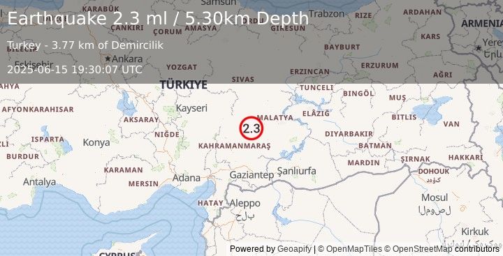 Earthquake CENTRAL TURKEY (2.3 ml) (2025-06-15 19:30:08 UTC)
