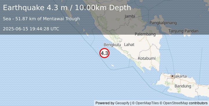 Earthquake SOUTHERN SUMATRA, INDONESIA (4.3 m) (2025-06-15 19:44:28 UTC)