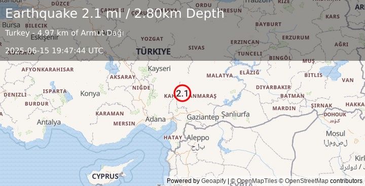 Earthquake CENTRAL TURKEY (2.1 ml) (2025-06-15 19:47:44 UTC)