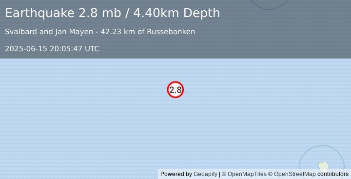 Earthquake SVALBARD REGION (2.8 mb) (2025-06-15 20:05:47 UTC)
