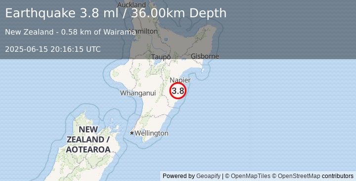 Earthquake NORTH ISLAND OF NEW ZEALAND (3.8 ml) (2025-06-15 20:16:15 UTC)