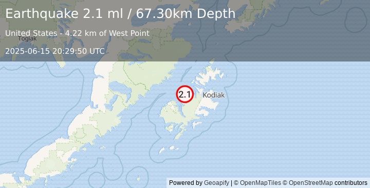 Earthquake KODIAK ISLAND REGION, ALASKA (2.1 ml) (2025-06-15 20:29:50 UTC)
