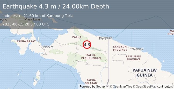 Earthquake PAPUA, INDONESIA (4.3 m) (2025-06-15 20:57:03 UTC)