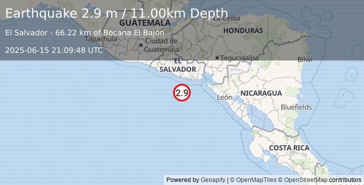 Earthquake OFFSHORE EL SALVADOR (2.9 m) (2025-06-15 21:09:48 UTC)
