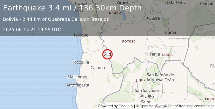 Earthquake ANTOFAGASTA, CHILE (3.4 ml) (2025-06-15 21:19:59 UTC)
