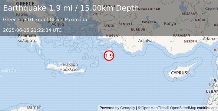 Earthquake DODECANESE IS.-TURKEY BORDER REG (1.9 ml) (2025-06-15 21:22:34 UTC)