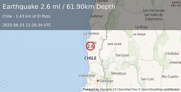 Earthquake COQUIMBO, CHILE (2.6 ml) (2025-06-15 22:20:34 UTC)