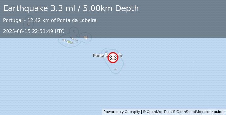 Earthquake AZORES ISLANDS, PORTUGAL (3.3 ml) (2025-06-15 22:51:49 UTC)
