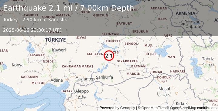 Earthquake EASTERN TURKEY (2.1 ml) (2025-06-15 23:30:17 UTC)