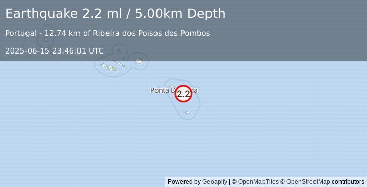 Earthquake AZORES ISLANDS, PORTUGAL (2.2 ml) (2025-06-15 23:46:01 UTC)