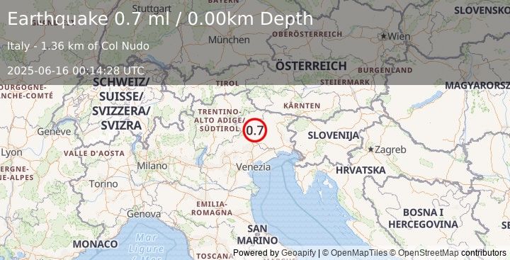 Earthquake NORTHERN ITALY (0.7 ml) (2025-06-16 00:14:28 UTC)