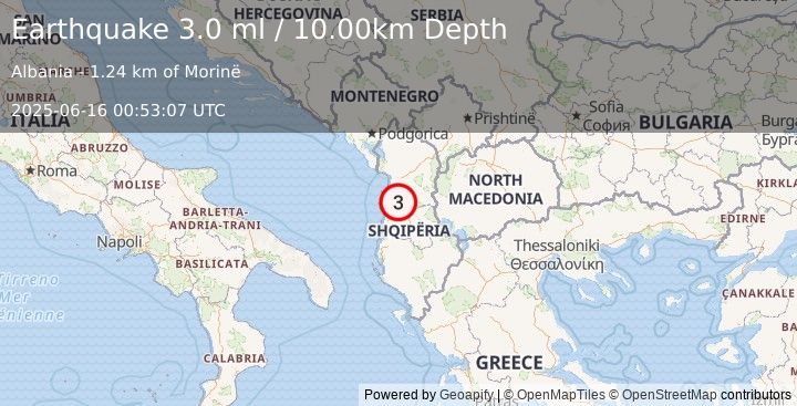 Earthquake ALBANIA (2.8 ml) (2025-06-16 00:53:07 UTC)