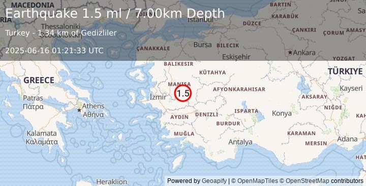 Earthquake WESTERN TURKEY (1.5 ml) (2025-06-16 01:21:33 UTC)