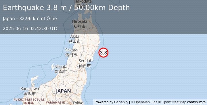 Earthquake NEAR EAST COAST OF HONSHU, JAPAN (3.8 m) (2025-06-16 02:42:30 UTC)