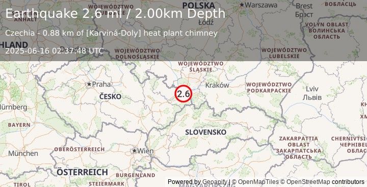 Earthquake CZECH REPUBLIC (2.6 ml) (2025-06-16 02:37:48 UTC)