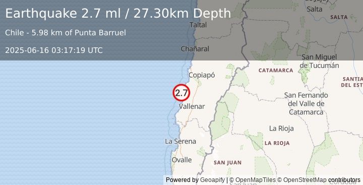 Earthquake OFFSHORE ATACAMA, CHILE (2.7 ml) (2025-06-16 03:17:19 UTC)