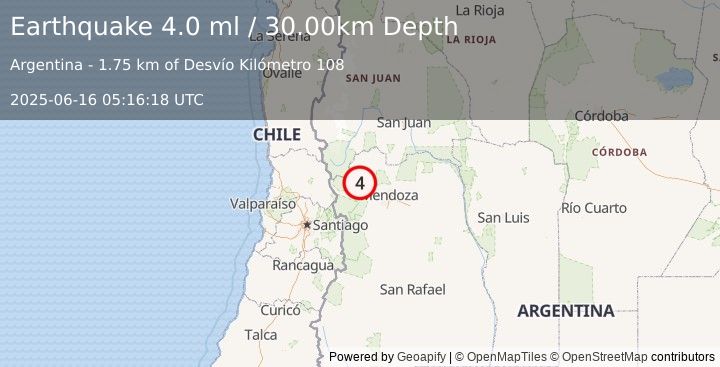 Earthquake MENDOZA, ARGENTINA (3.5 m) (2025-06-16 05:16:24 UTC)