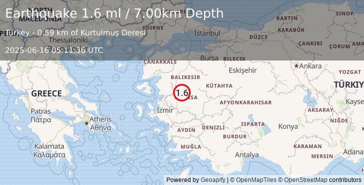Earthquake WESTERN TURKEY (1.6 ml) (2025-06-16 05:11:36 UTC)