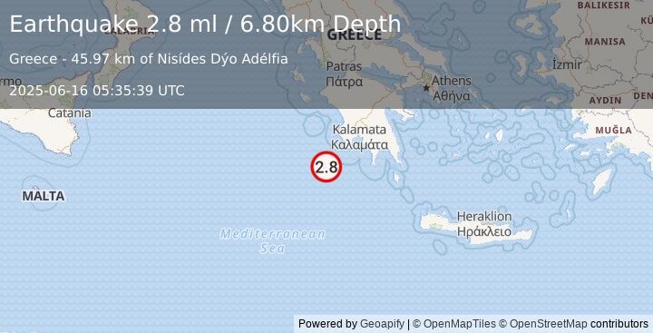 Earthquake SOUTHERN GREECE (2.7 ml) (2025-06-16 05:35:53 UTC)
