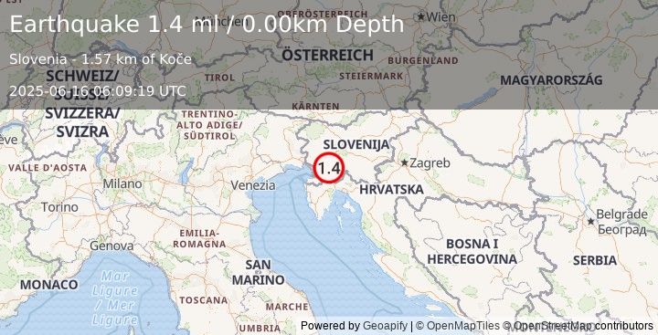 Earthquake SLOVENIA (1.4 ml) (2025-06-16 06:09:19 UTC)