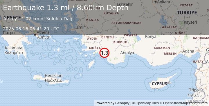 Earthquake DODECANESE IS.-TURKEY BORDER REG (1.3 ml) (2025-06-16 06:41:20 UTC)