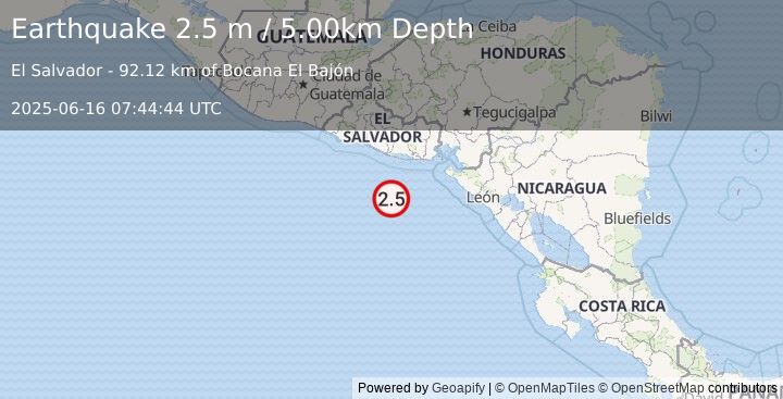 Earthquake OFFSHORE EL SALVADOR (2.5 m) (2025-06-16 07:44:41 UTC)