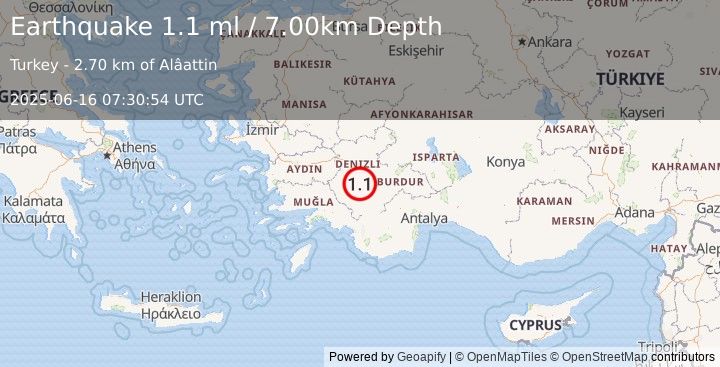 Earthquake WESTERN TURKEY (1.1 ml) (2025-06-16 07:30:54 UTC)