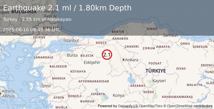 Earthquake WESTERN TURKEY (2.1 ml) (2025-06-16 08:45:36 UTC)